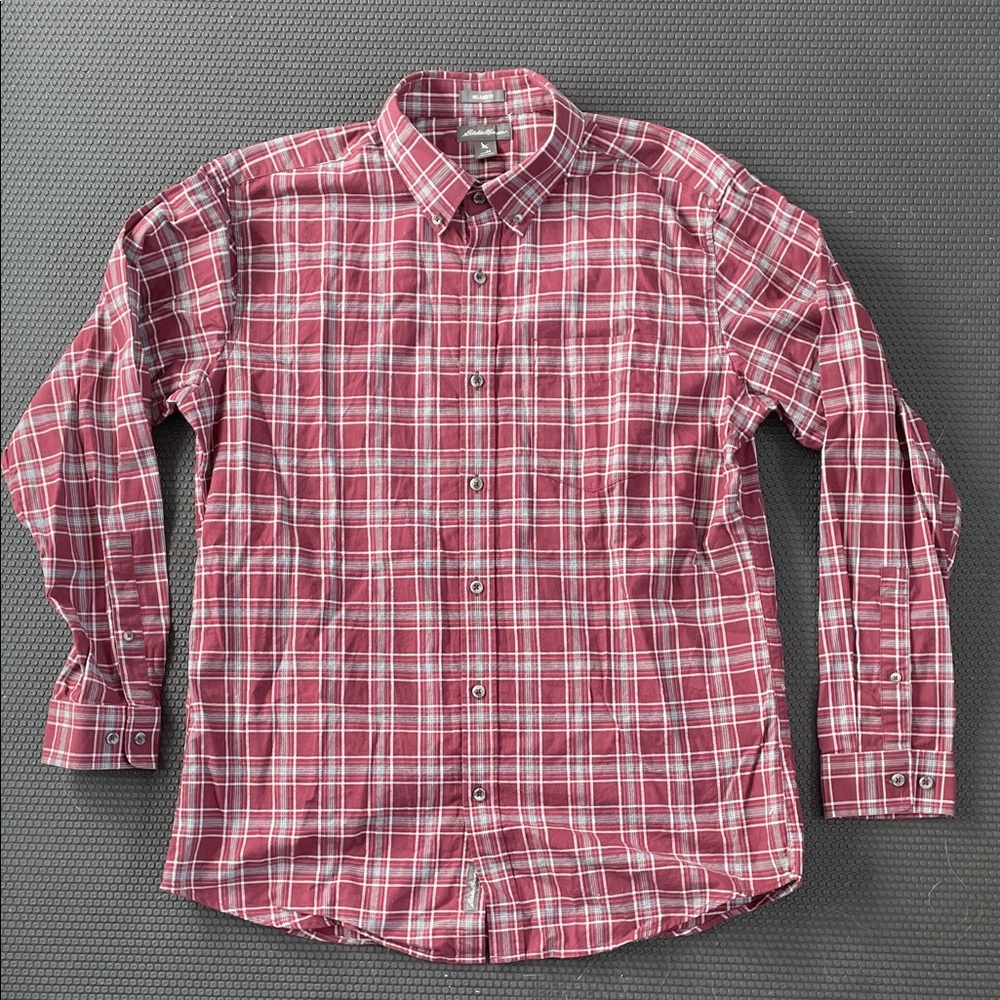 Eddie Bauer Men's Red and Grey Plaid Button Down Shirt Sz M